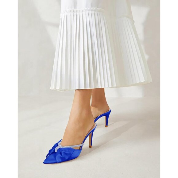 Blue Satin Bow Heels Womens Pointed Rhinestone Closed Toe Sandals Wedding Shoes - Picture 3 of 6